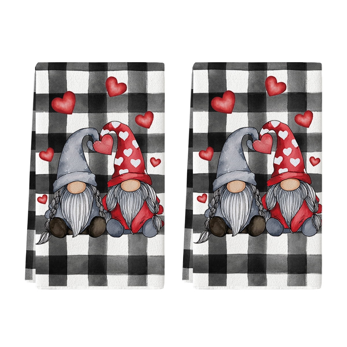 Sm:)e Valentine's Day Kitchen Dish Towels, 18x26 Inch, Set of 2, Buffalo Plaid Gnomes