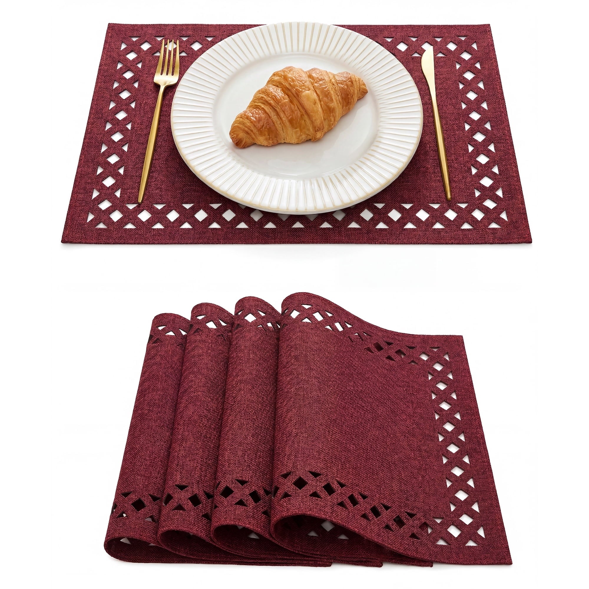 Sm:)e Hollow Out Laser Cut Dark Red Placemats Set of 4, Seasonal Summer Washable Kitchen Dining Table Decoration for Home Party Decor 12x18 Inch