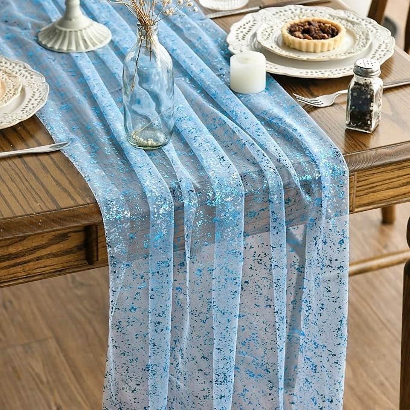 Sm:)e Light Blue Silk Screen Stamping Gauze Table Runner 120 Inch 10FT, Glitter Metallic Foil Sheer Chiffon Table Decor for Wedding Anniversary Birthday Outdoor Home Party Table