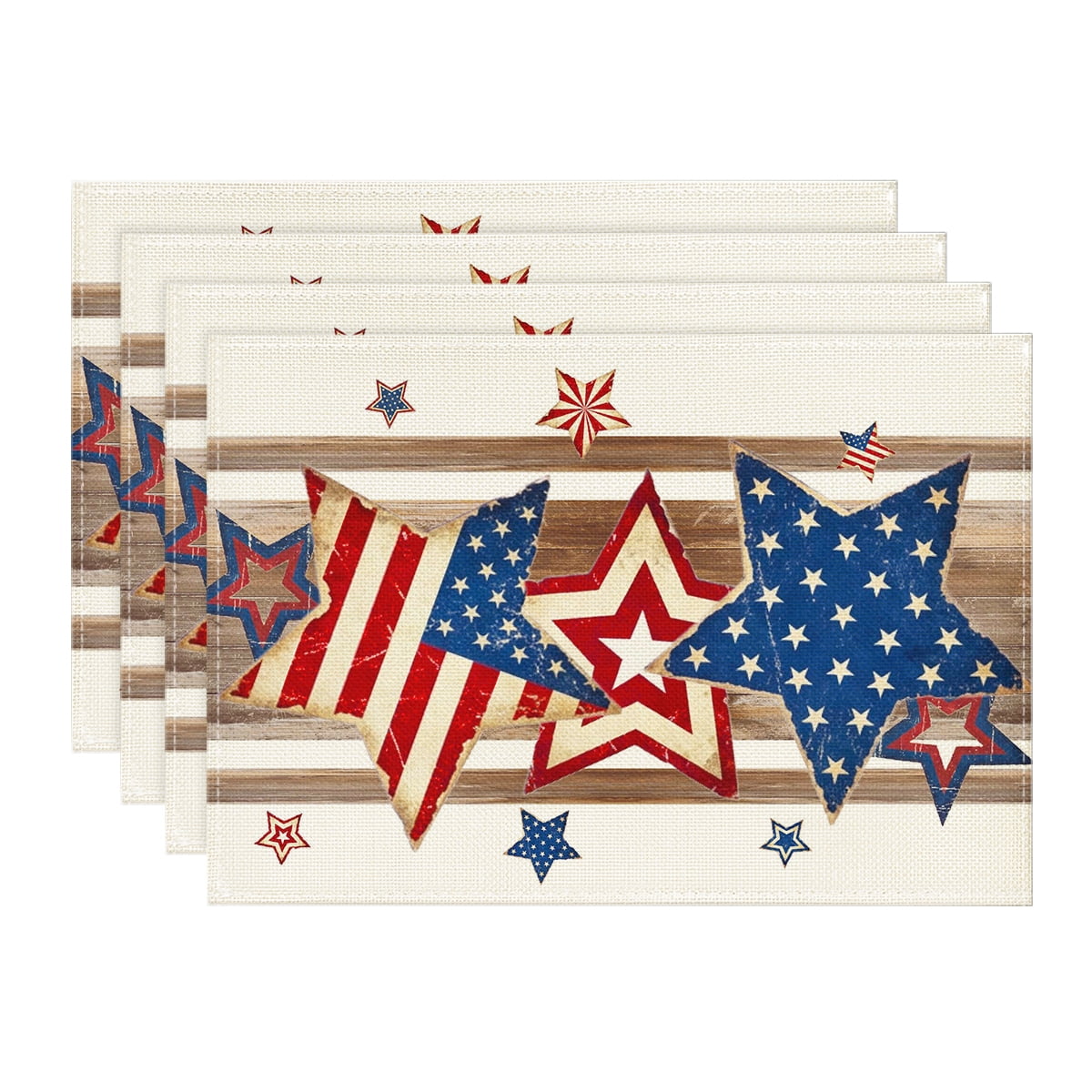 Sm:)e Stars 4th of July Placemats Set of 4, Wooden Patriotic Decor Durable and Stylish Independence Day Party and Family Gathering Supply 12 x 18 Inch