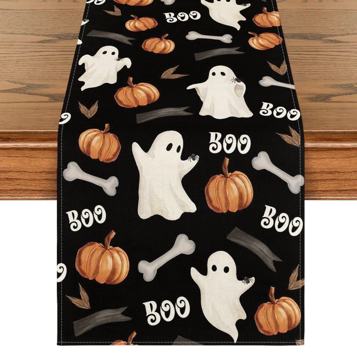 Smile Watercolor Ghost Pumpkins Bone Boo Spooky Halloween Table Runner 13 x 108 Inch
