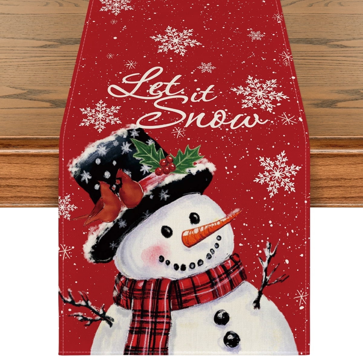 Smile Snowman Let It Snow Christmas Winter Red Table Runner 13 x 72 Inch