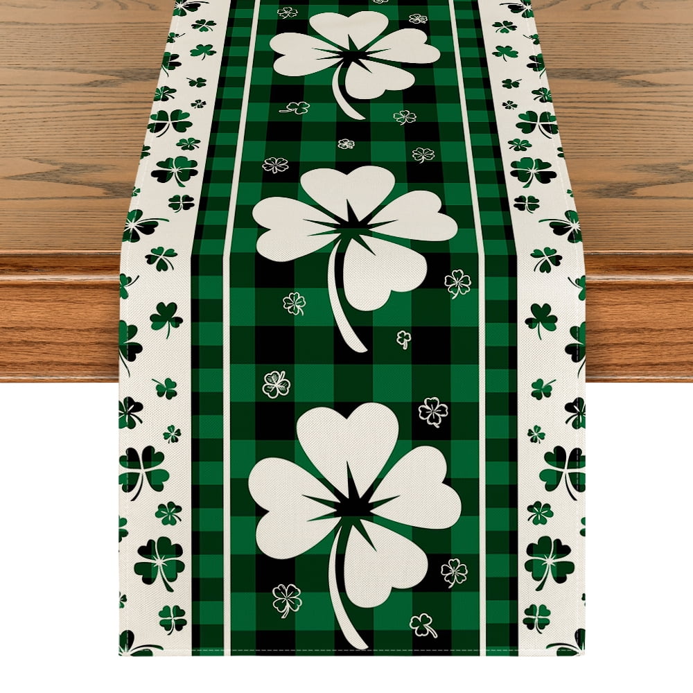 Sm:)e Green Shamrock St. Patrick's Day Table Runner Buffalo Plaid 13 x 36 Inch, Home Kitchen Seasonal Decoration Holiday Table Decor