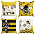 Sm:)e Be Happy Bee Decor Pillow Covers for Summer Set of 4, 18 x 18 Inch, Yellow