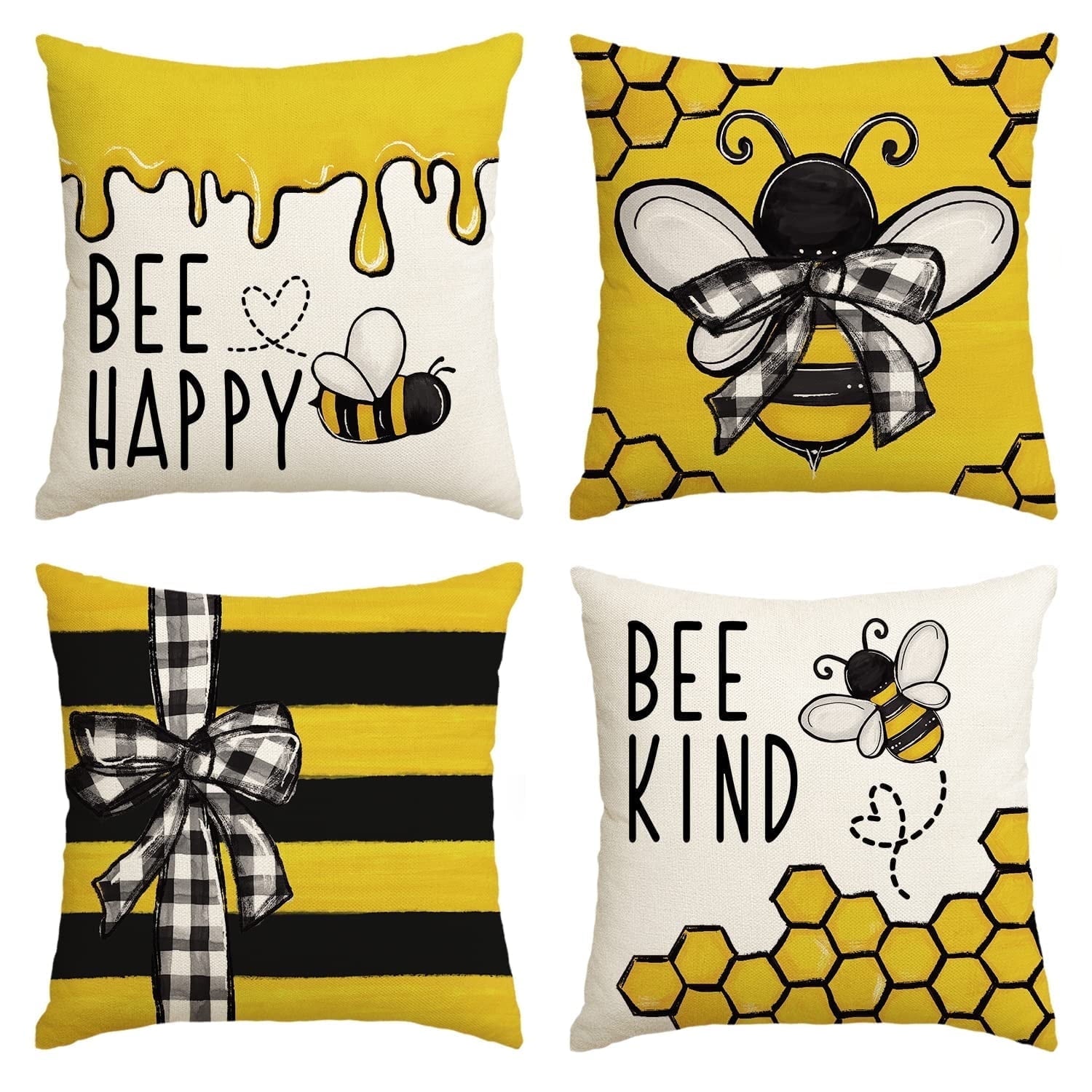 Sm:)e Be Happy Bee Decor Pillow Covers for Summer Set of 4, 18 x 18 Inch, Yellow