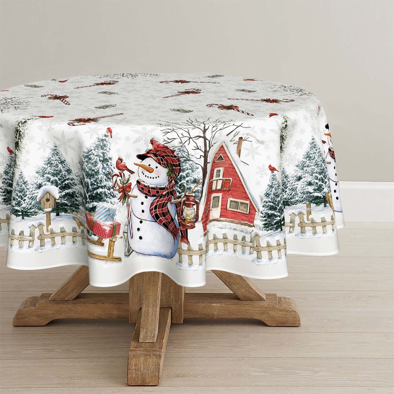 Sm:)e Christmas Tablecloth 60 Inch Round, Winter Snowman House Christmas Trees White Washable Table Cover for Party Picnic Dinner Decor