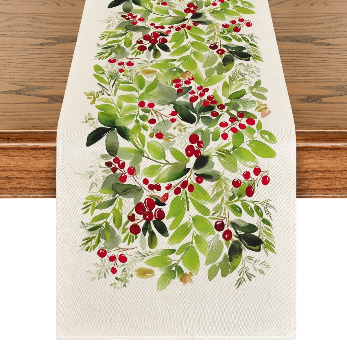 Sm:)e Watercolor Holly Christmas Table Runner 13 x 120 Inch
