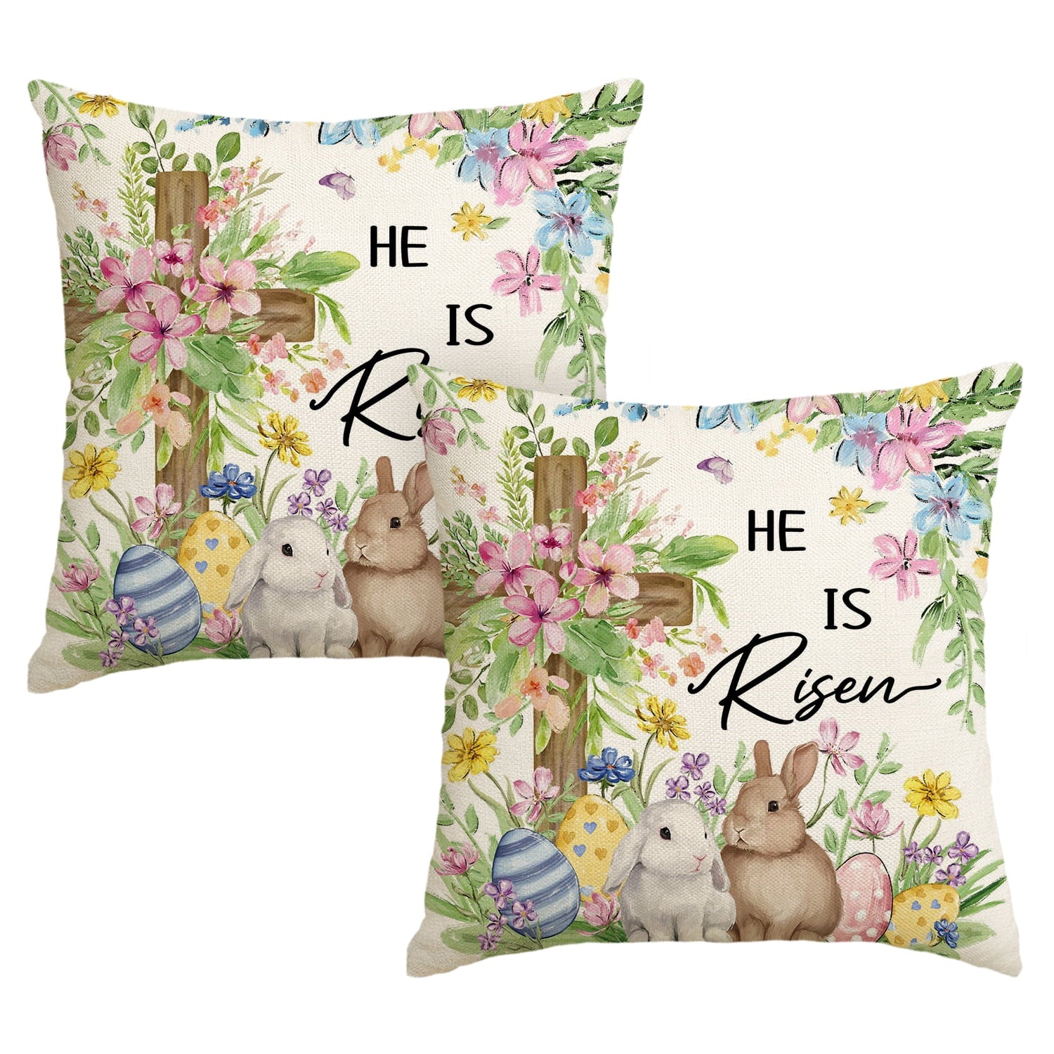 Sm:)e Bunny He is Risen Eggs Eucalyptus Floral Easter Throw Pillow Covers Set of 2, 18x18 Inch Spring Outdoor Cushion Case for Sofa Couch