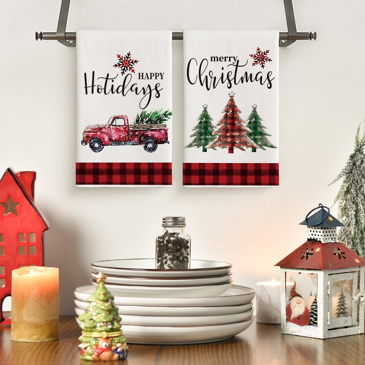 Sm:)e Black Red Buffalo Plaid Truck Christmas Trees Kitchen Dish Towels 18 x 26 Inch Set of 2