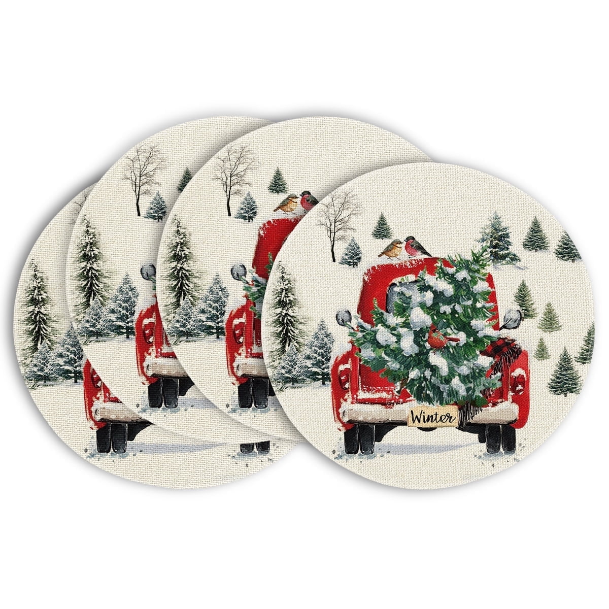 Smile Watercolor Red Christmas Placemats Set of 4 Round 15 Inch Seasonal Winter Xmas Holiday Table Mats