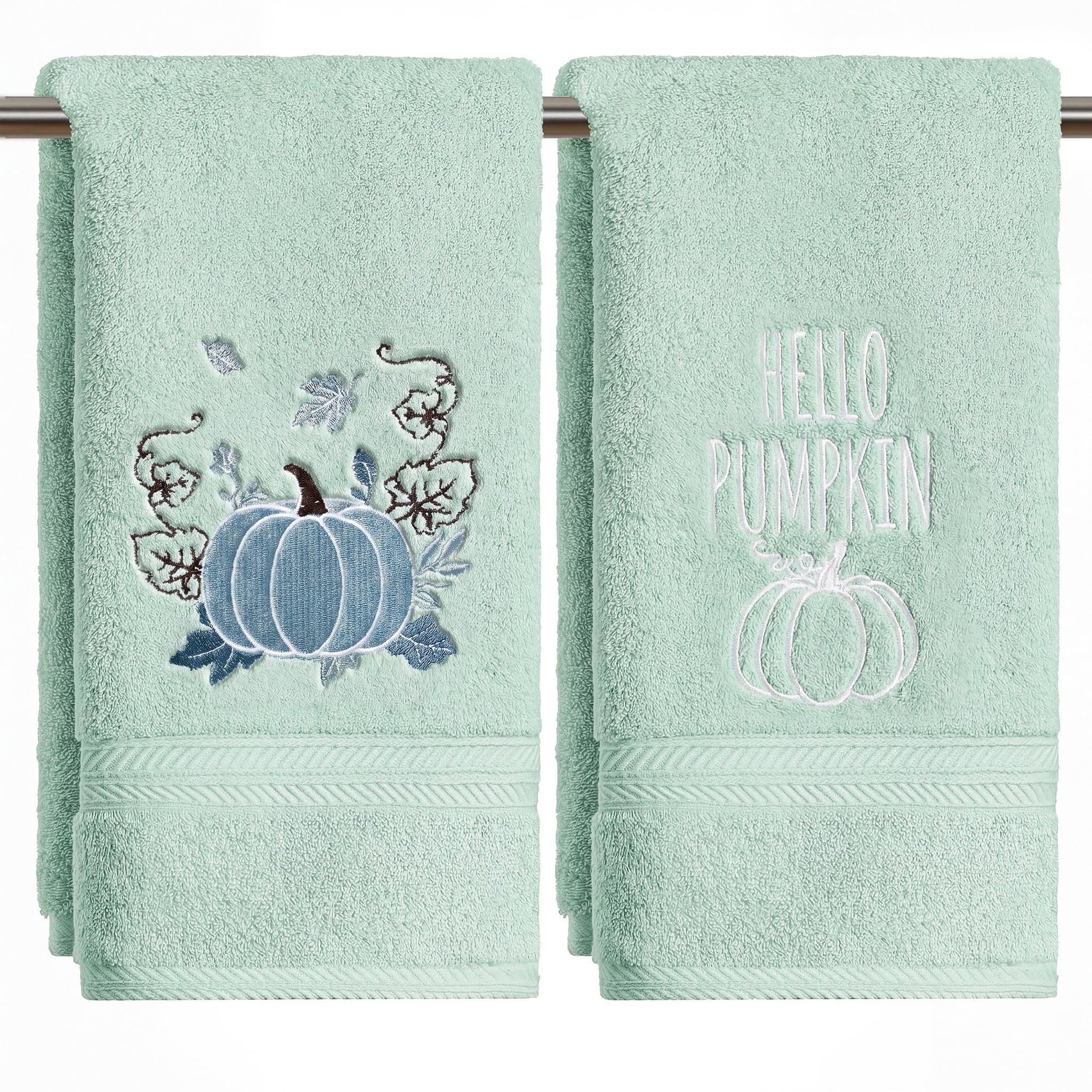 Sm:)e 2 Pcs Foliage Maple Blue Pumpkin Embroidered Fall Hand Towels, 100% Cotton Soft Home Decor Dish Towels, 18 x 26 Inch