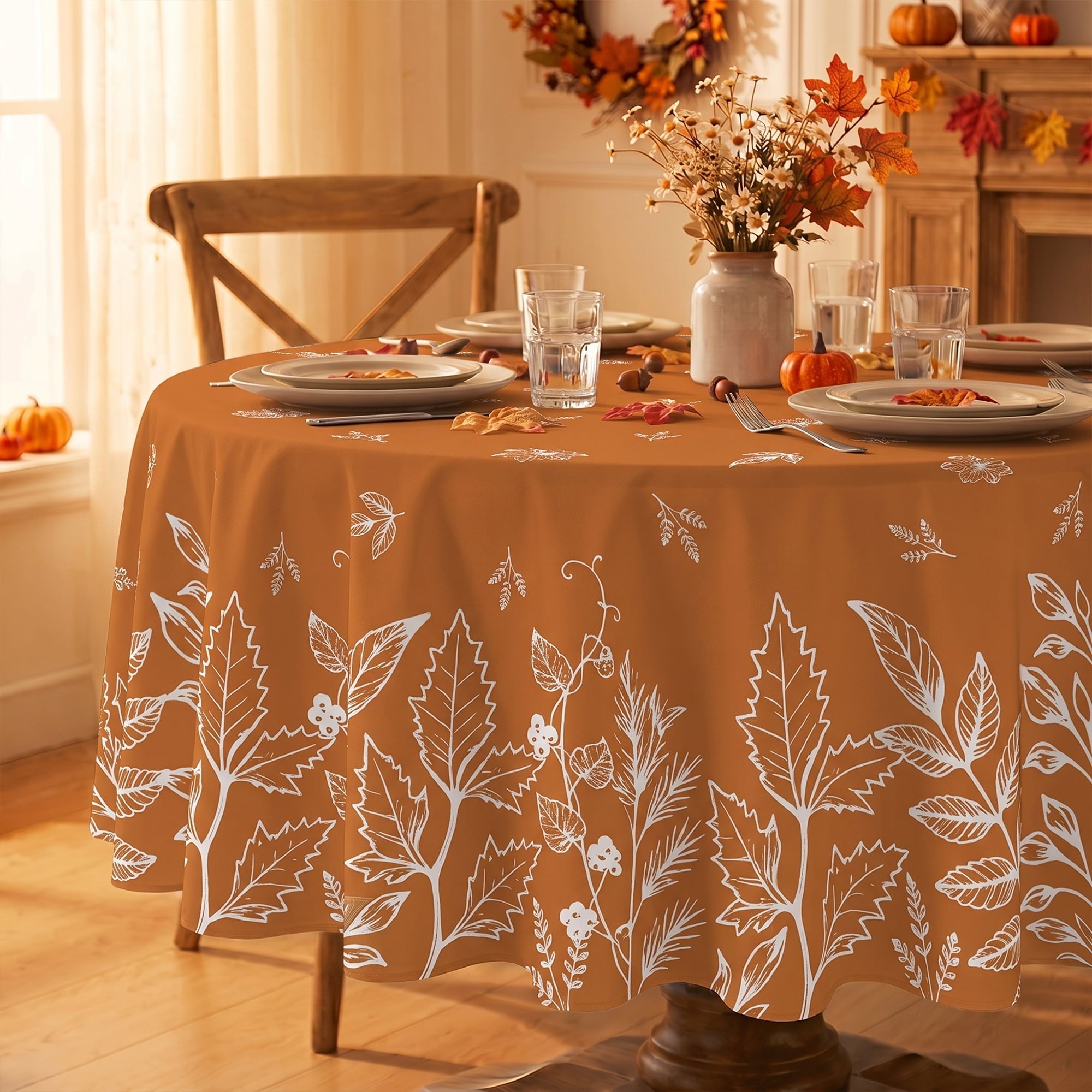 Sm:)e Fall Orange Round Tablecloth, Thanksgiving Leaves Table Cover for Party Picnic Dinner Decor 70 Inch