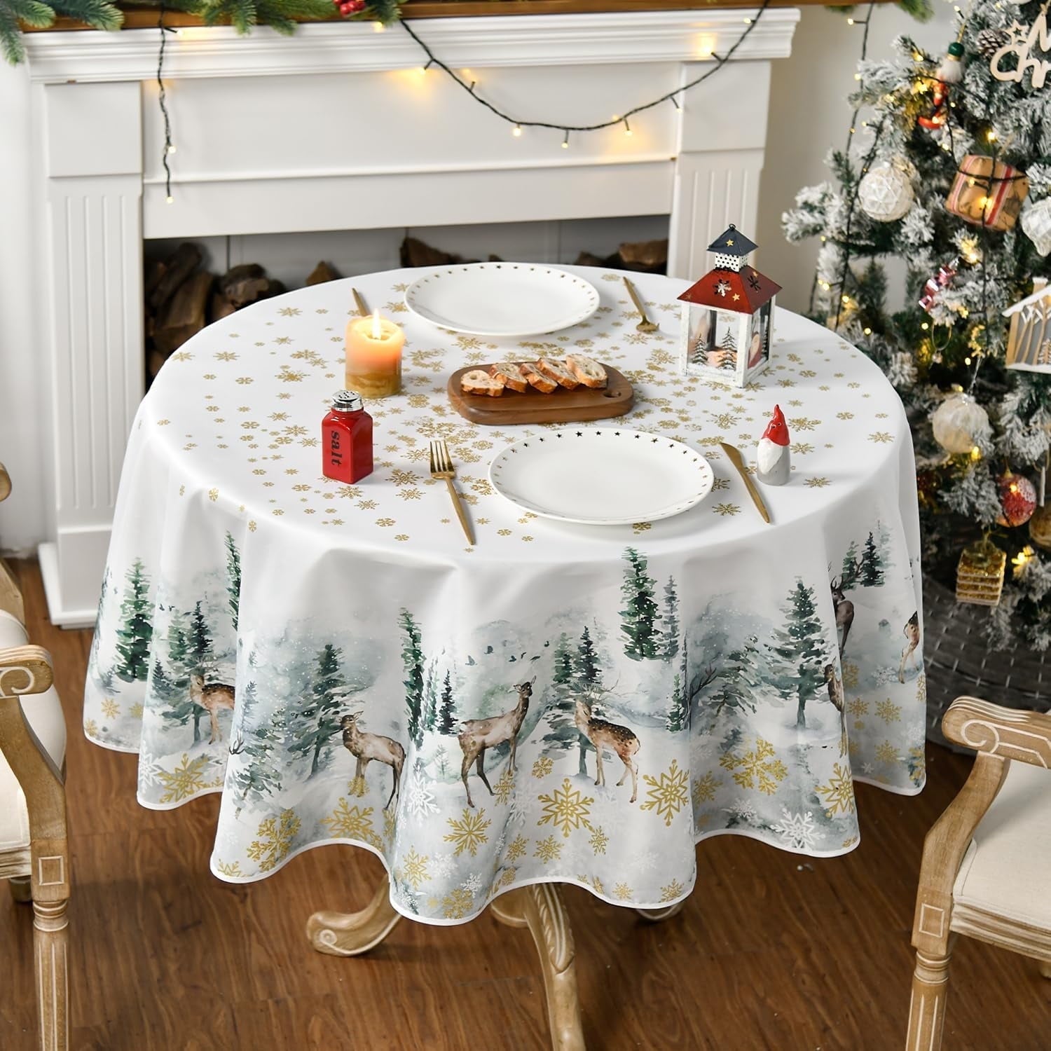 Sm:)e Winter Table Cloth with Deer 60 Inch Round