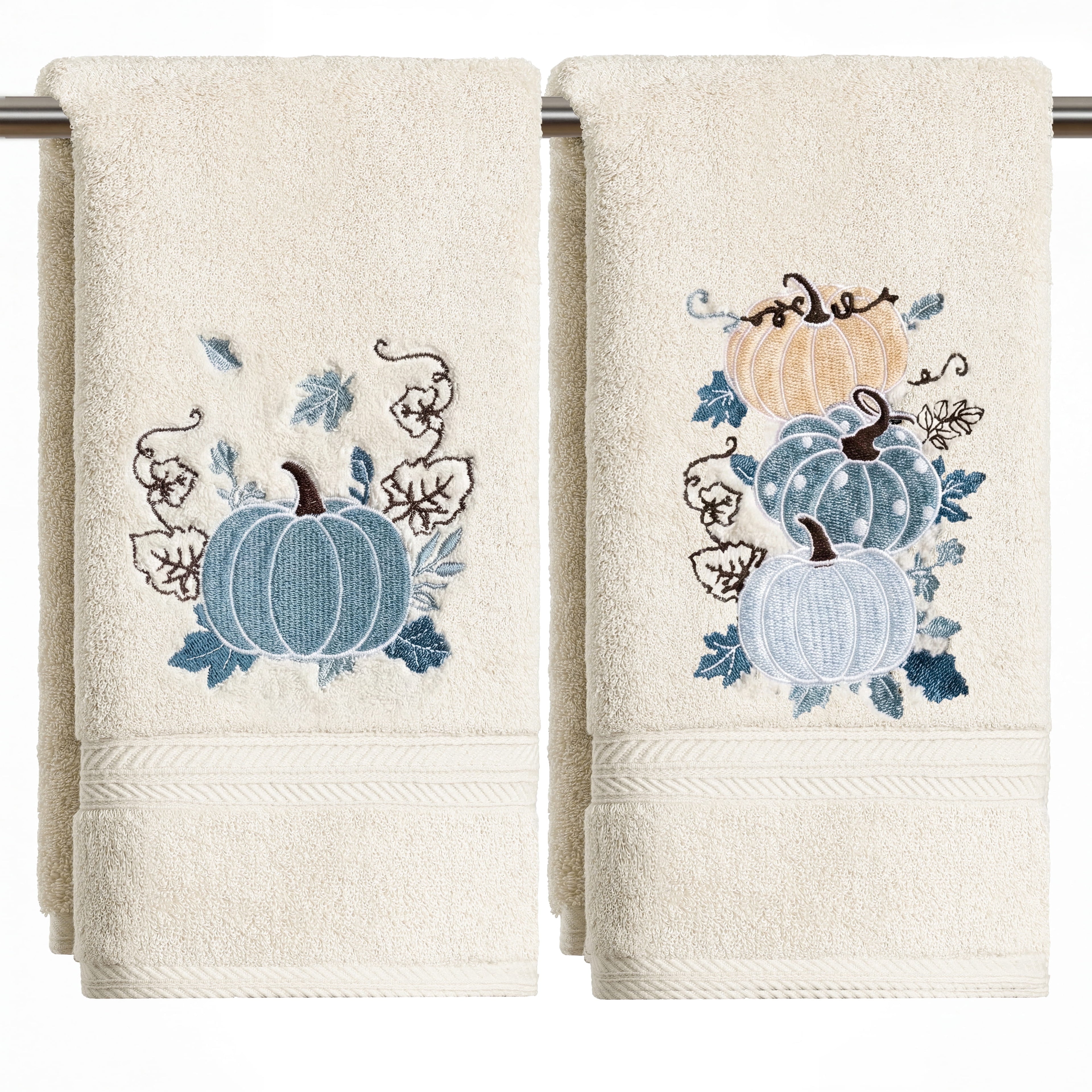 Sm:)e 2 Pcs Stacked Blue Pumpkin Maple Leaves Vine Applique Embroidered Fall Hand Towels, 100% Cotton Soft Home Decor Dish Towels, 18 x 26 Inch