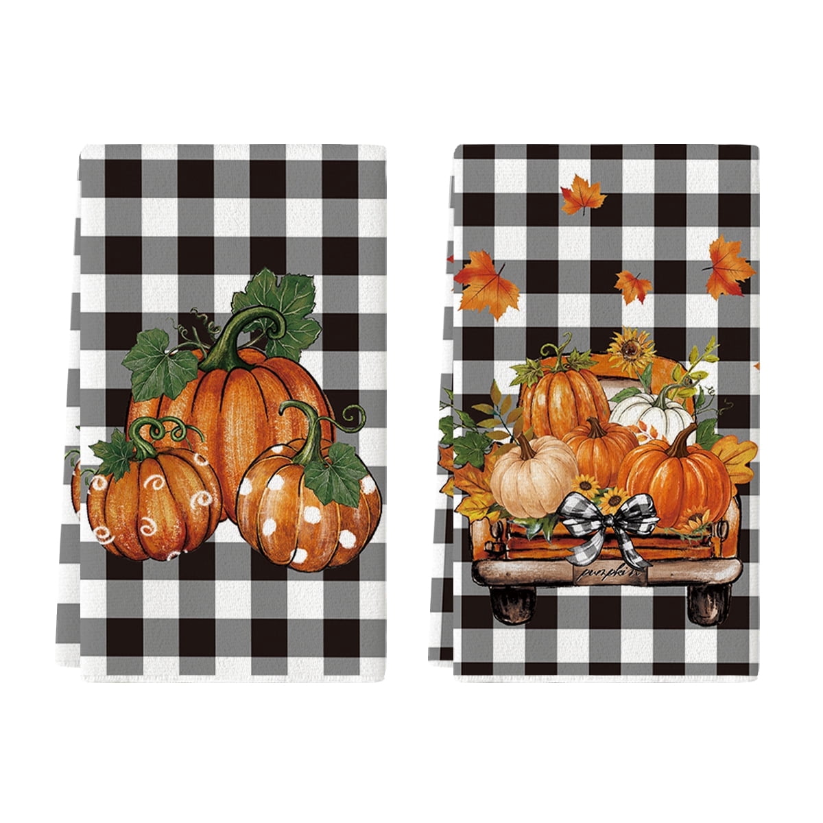 Sm:)e Pumpkins Truck Buffalo Check Plaid Fall Kitchen Dish Towels 18x26 Inch Set of 2