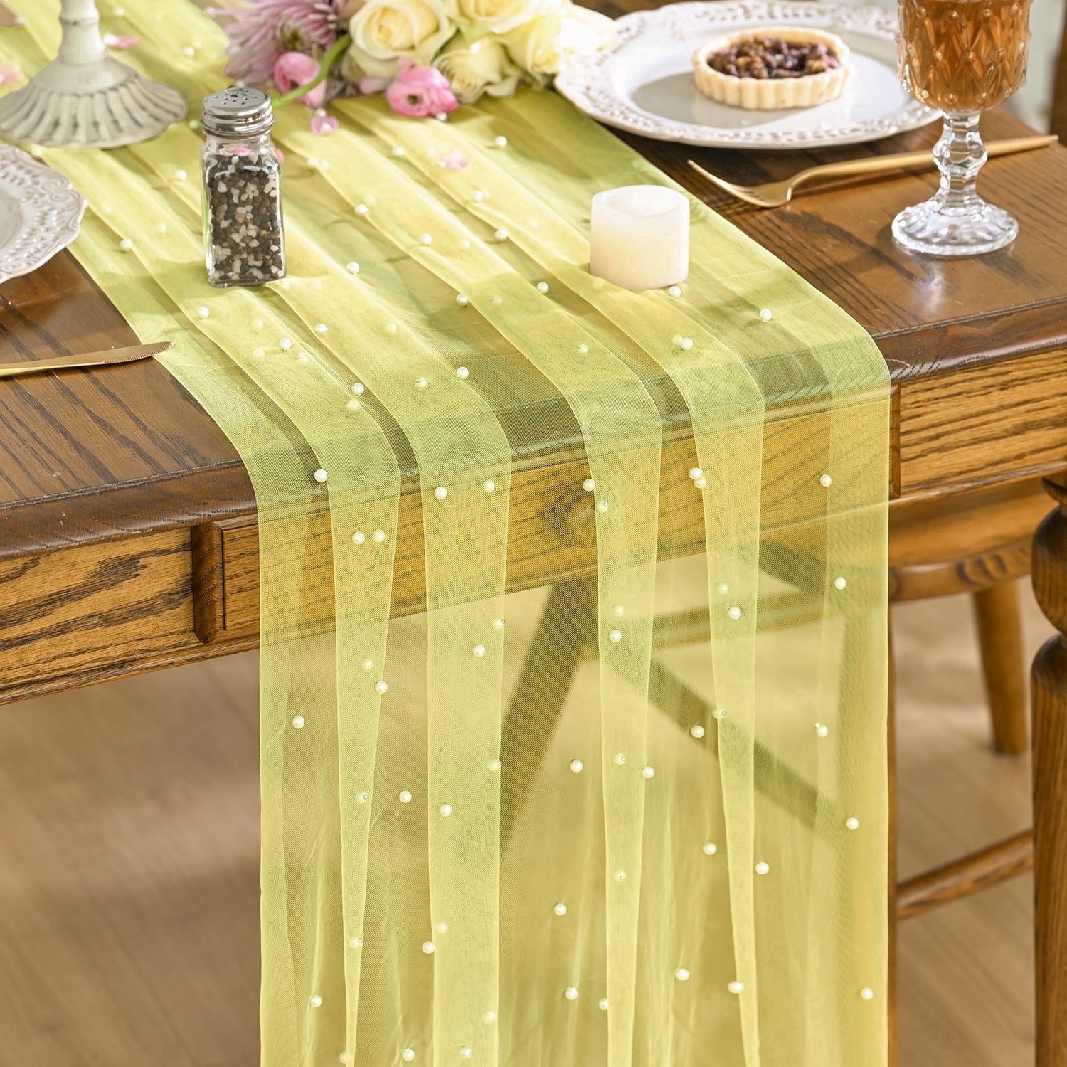 Sm:)e Pearl Yellow Gauze Table Runner 120 Inch 10FT, Table Decor for Wedding Anniversary Birthday Outdoor Home Party Table