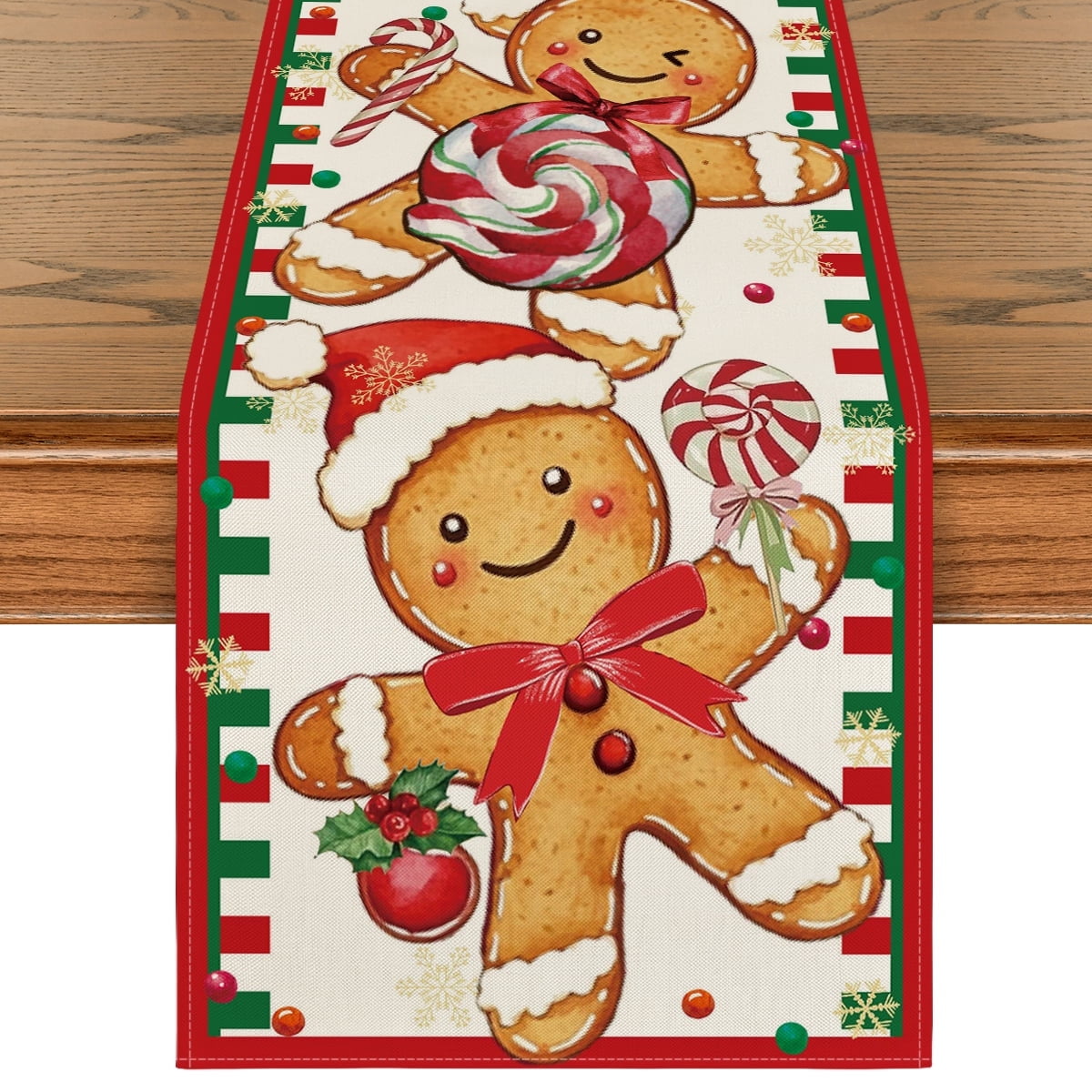 Smile Gingerbread Candy Cane Christmas Table Runner, Seasonal Winter Kitchen Dining Table Decoration for Home Party Decor 13x72 Inch