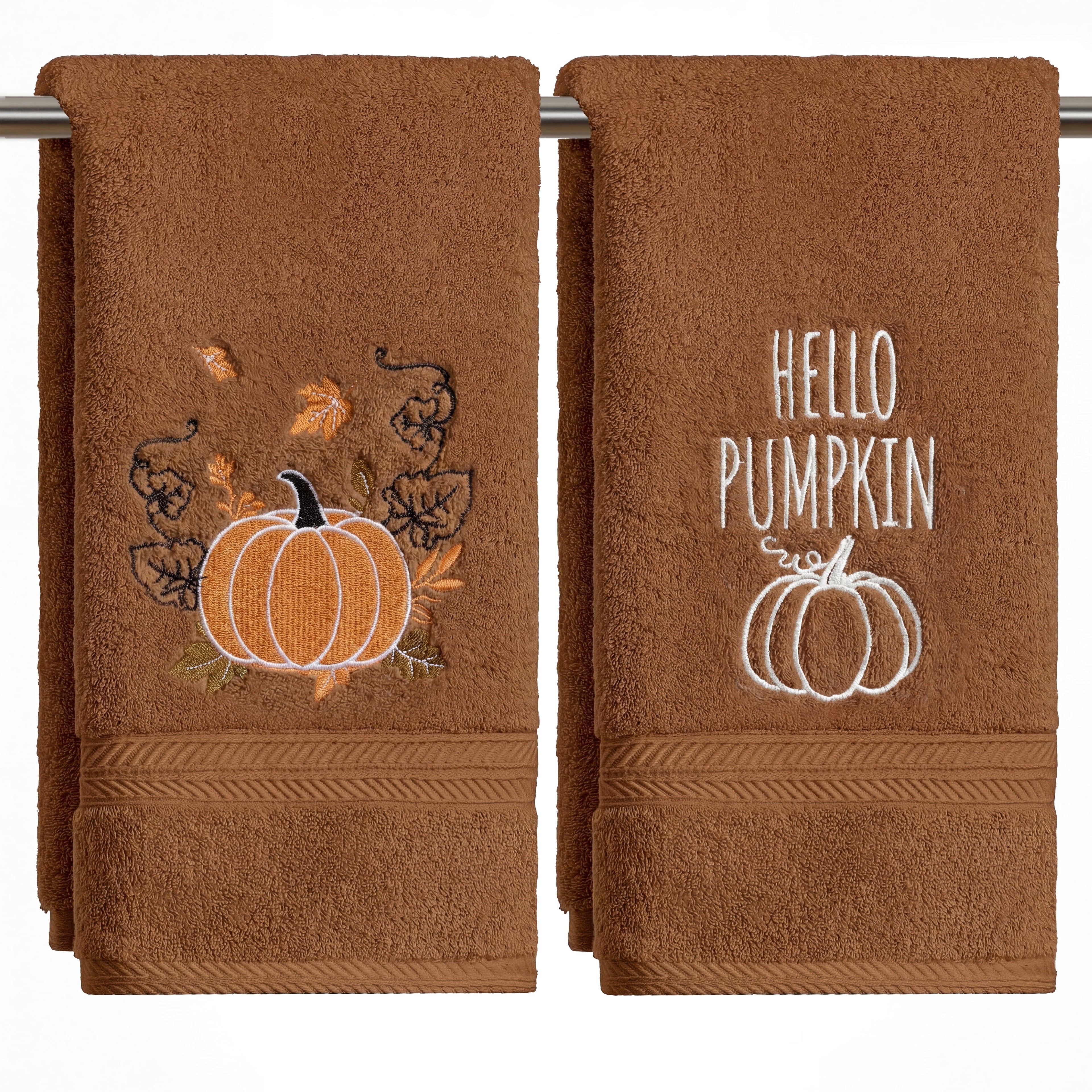 Sm:)e 2 Pcs Maple Leaf Pumpkin Embroidered Fall Hand Towels, 100% Cotton Soft Absorbent Farmhouse Decor Towels, 18 x 26 Inch