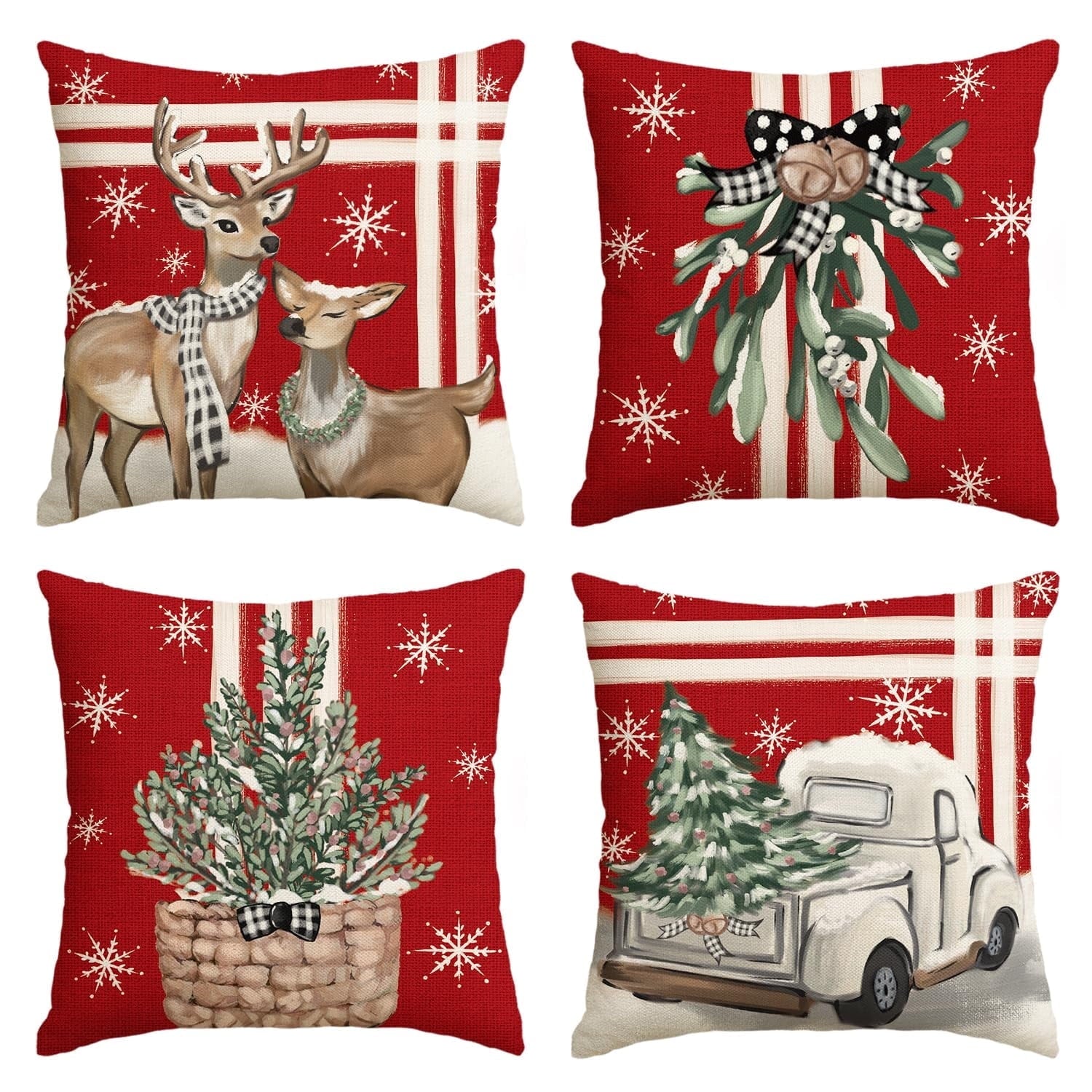 Sm:)e Christmas Tree Reindeer Truck Stripes Red Throw Pillow Covers, 16 x 16 Inch Winter Holiday Cushion Case Decoration for Sofa Couch Set of 4