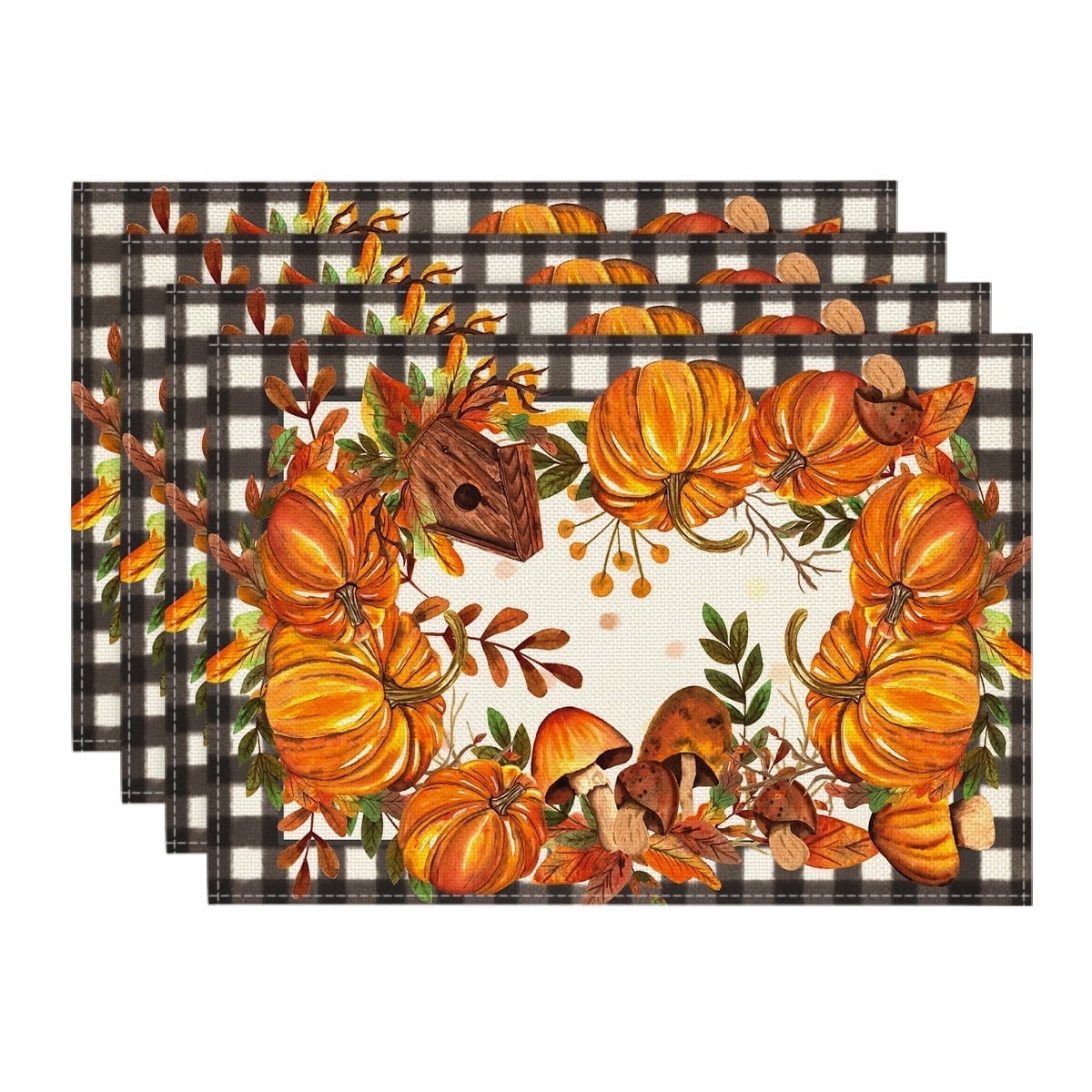 Smile Buffalo Check Plaid Fall Thanksgiving Table Placemats 12 x 18 Set of 4, Pumpkins Mushrooms Birdhouse Maple Leaves
